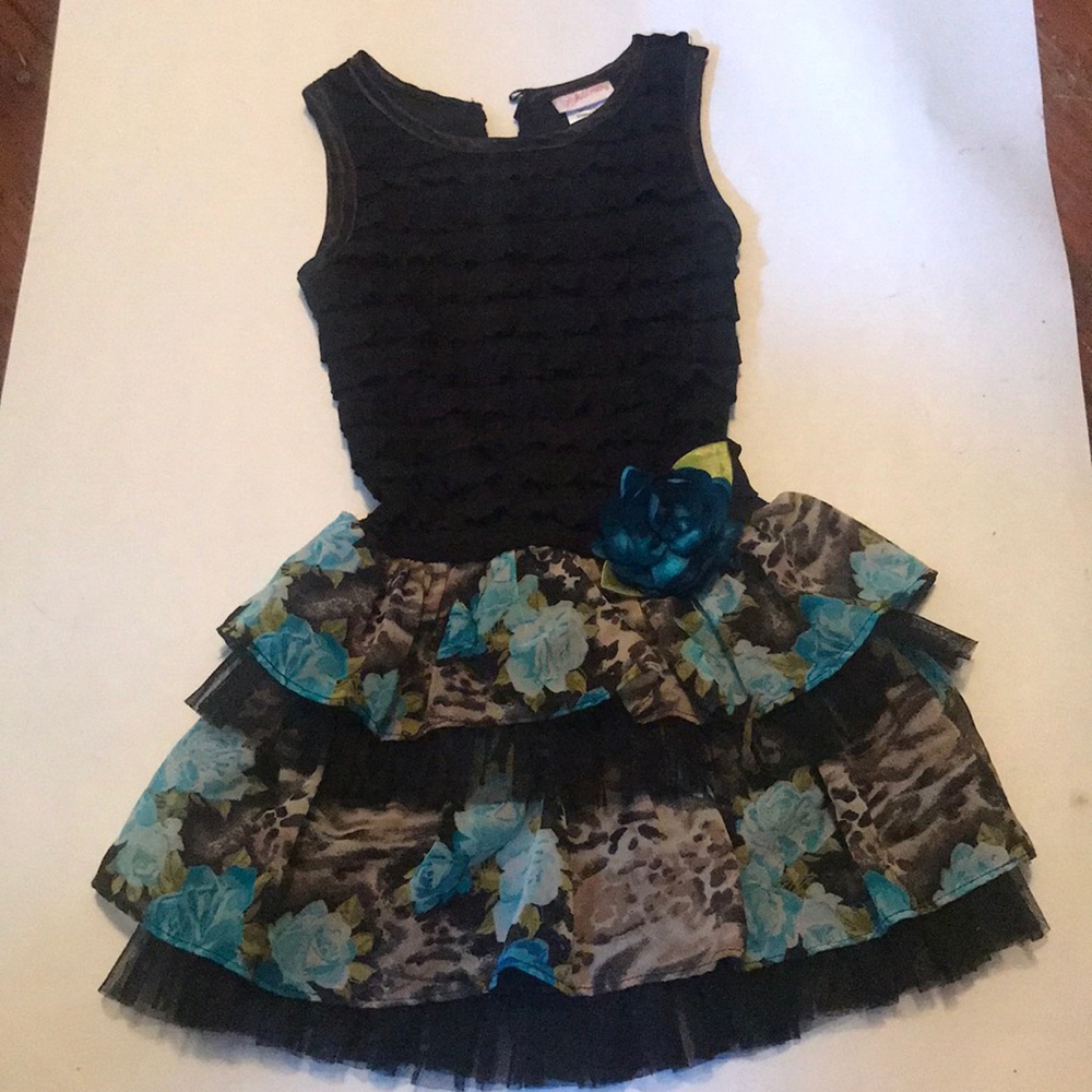 4T black dress with floral & animal print accents